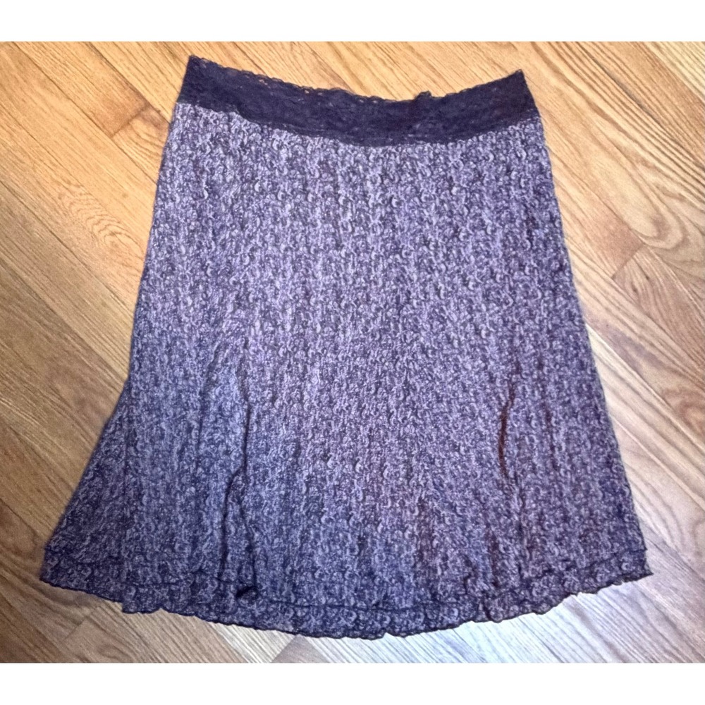 CAbi Truffle Brown Stretch Lace Flared Midi Skirt with Black Lace Waistband Sz L